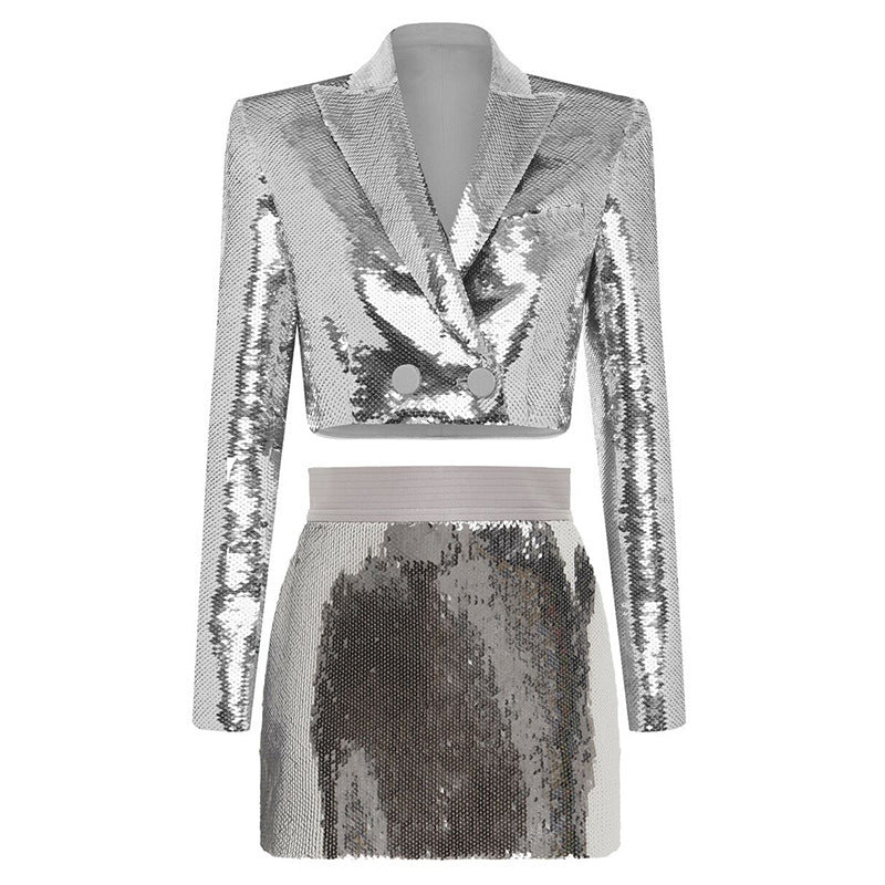 Shiny Sequin Short Suit Half Skirt Suit Two-piece Set