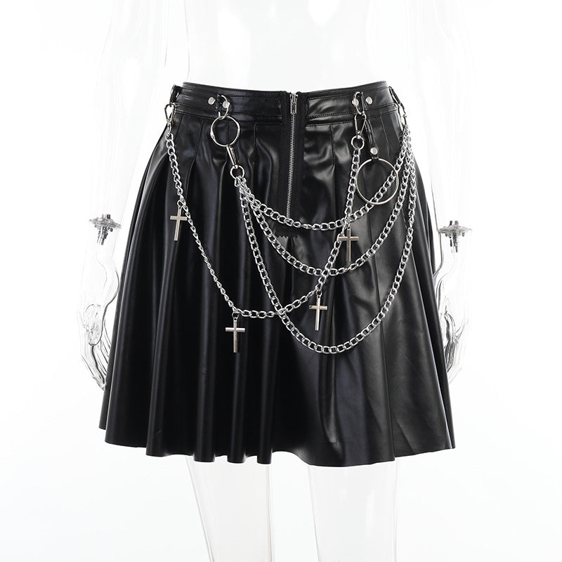 Dark Punk Chain Pleated Pu Leather Skirt