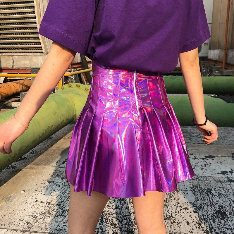 Women's Fashion Laser Shiny Fluorescent Pleated Skirt