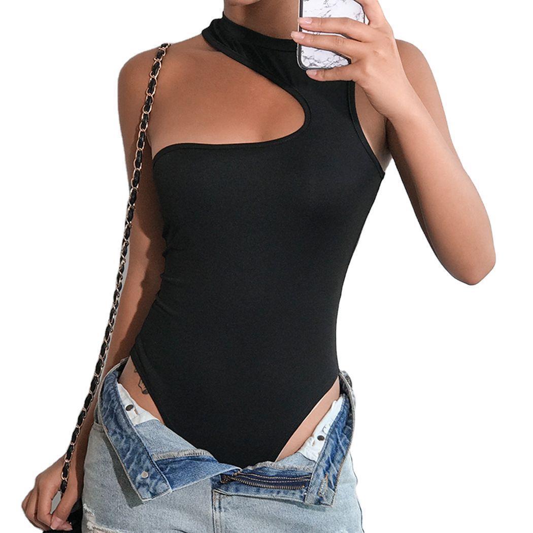 Irregular slant shoulder hollow sleeveless BODYSUIT