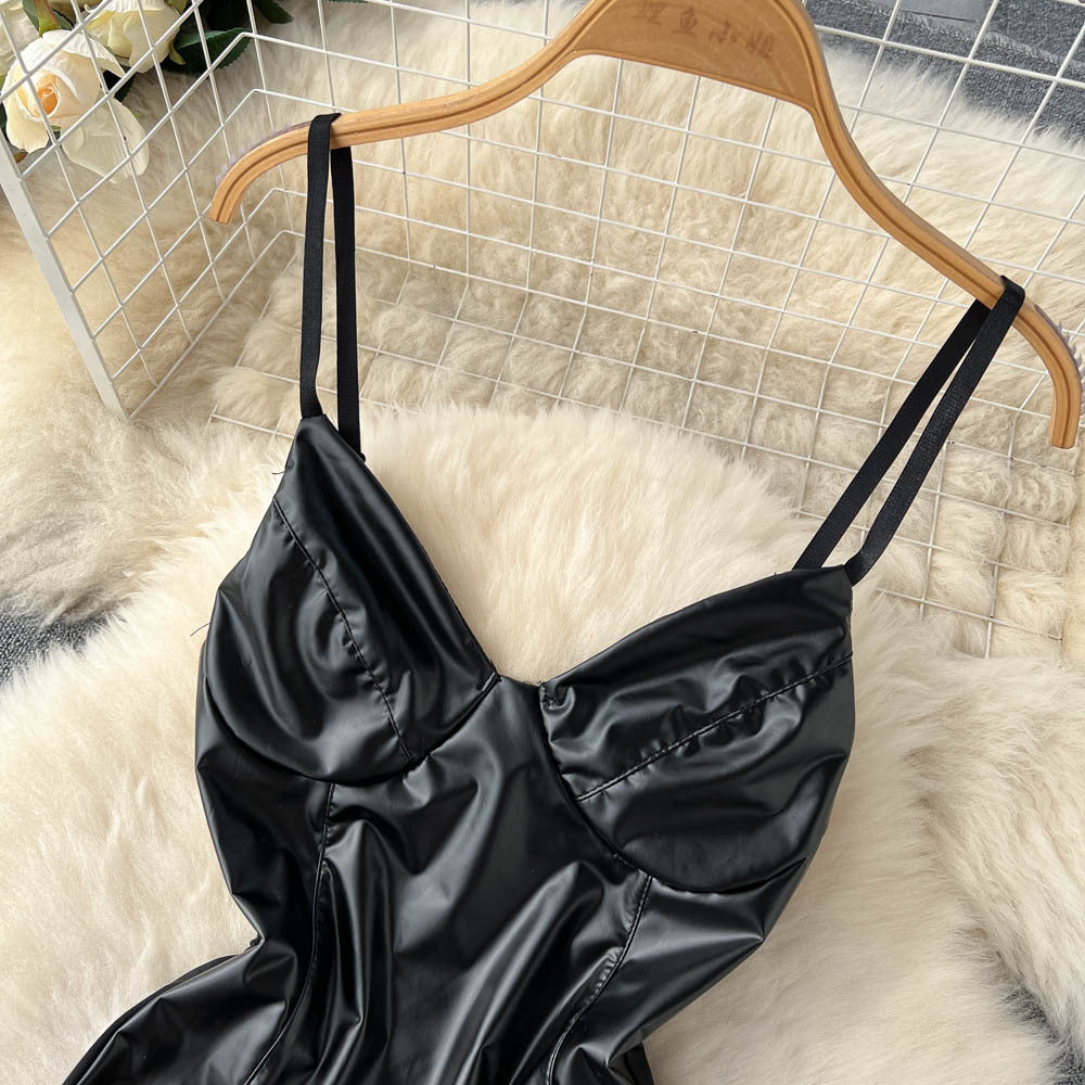 Women's PU Leather Sling V-neck Bra Bodysuit