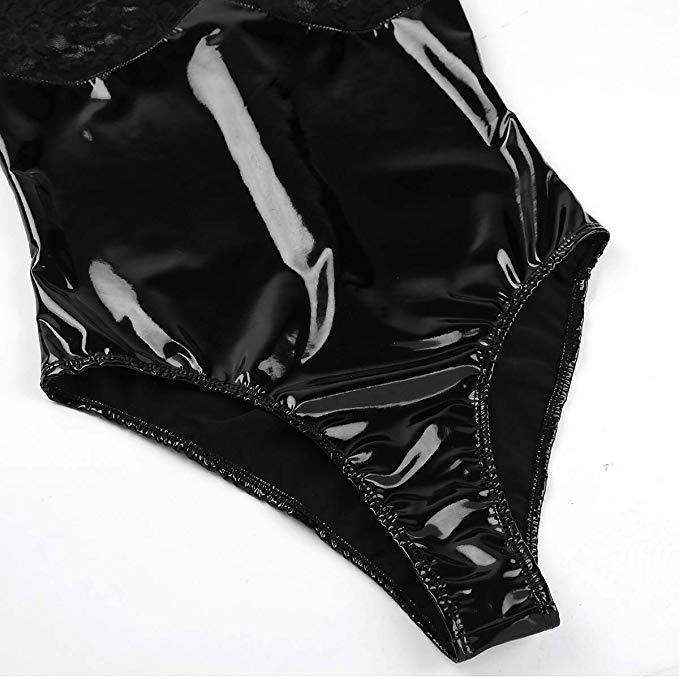 Lingerie Black Patent Leather Lace Bodysuit