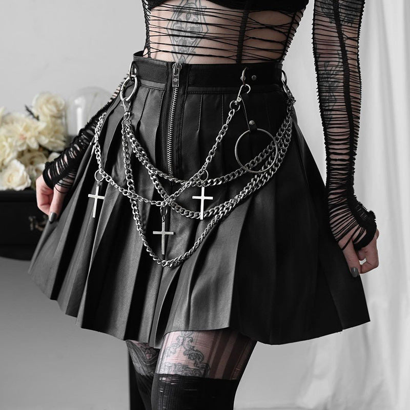 Dark Punk Chain Pleated Pu Leather Skirt