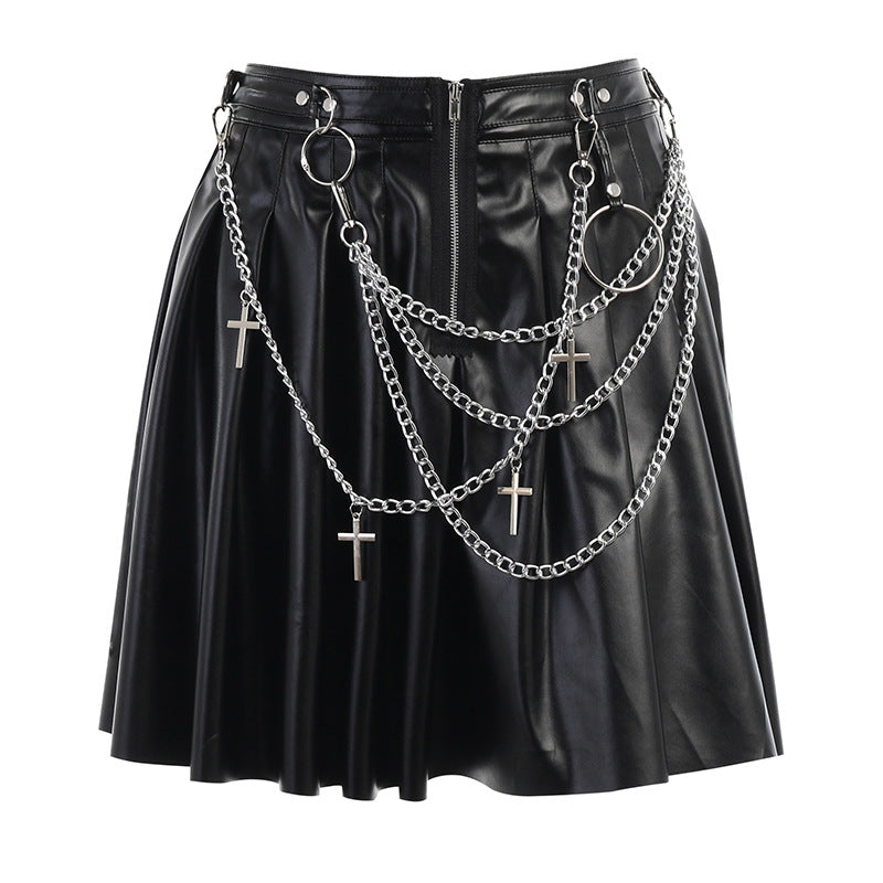 Dark Punk Chain Pleated Pu Leather Skirt