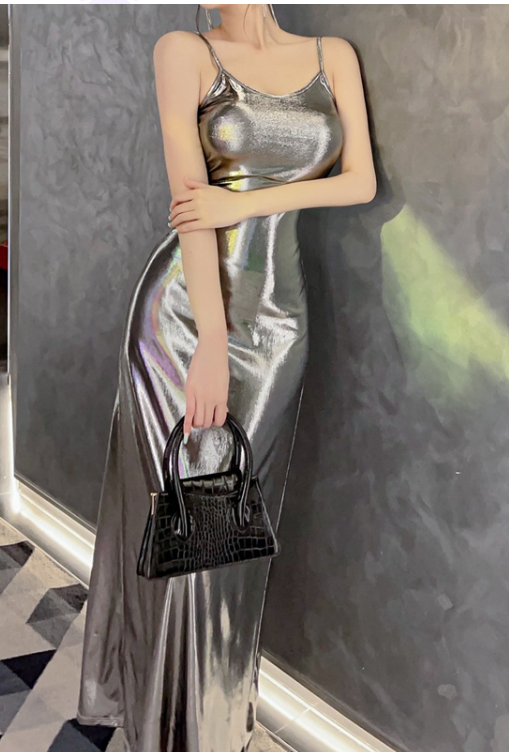 Metallic Bright Suspender Dress Women's Summer Fat Hot Girl Sexy Dress Long Skirt