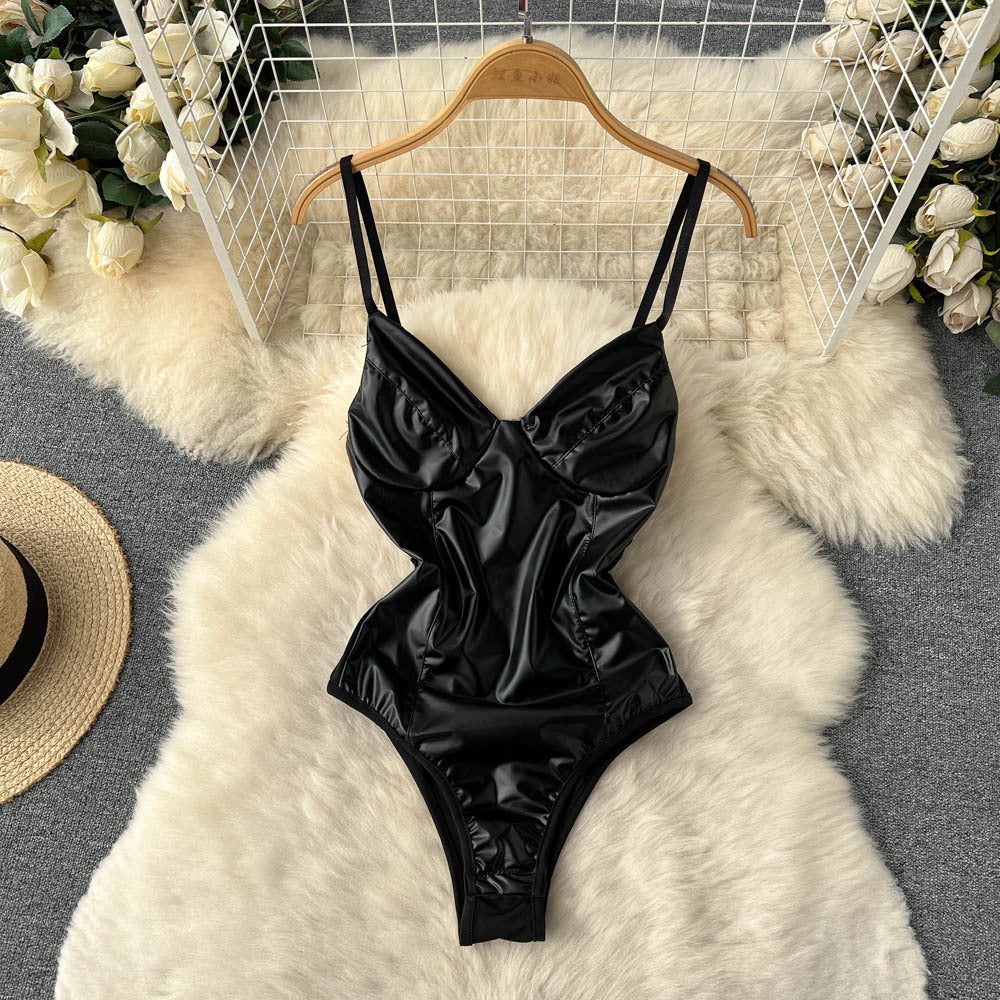 Women's PU Leather Sling V-neck Bra Bodysuit