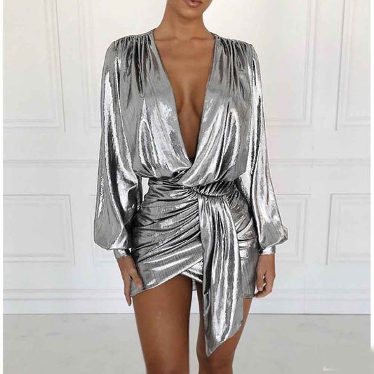 Women's Simple Sexy Silver Long Sleeve Dress