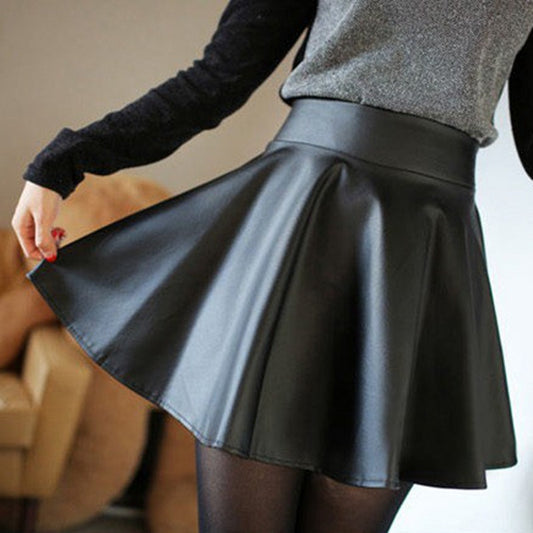 High Waist Pu Leather Skirt Is Thin And Pleated