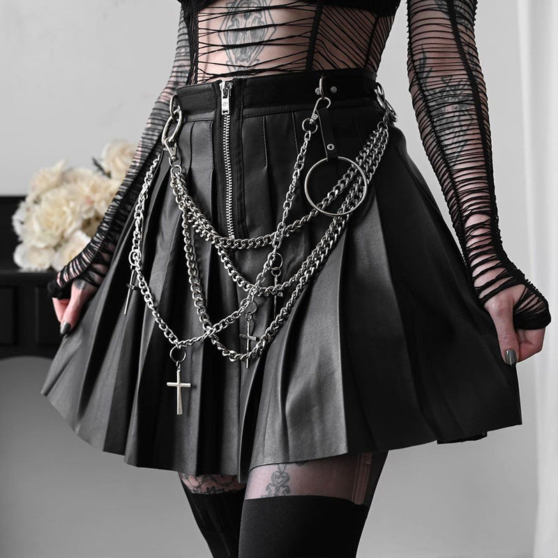 Dark Punk Chain Pleated Pu Leather Skirt