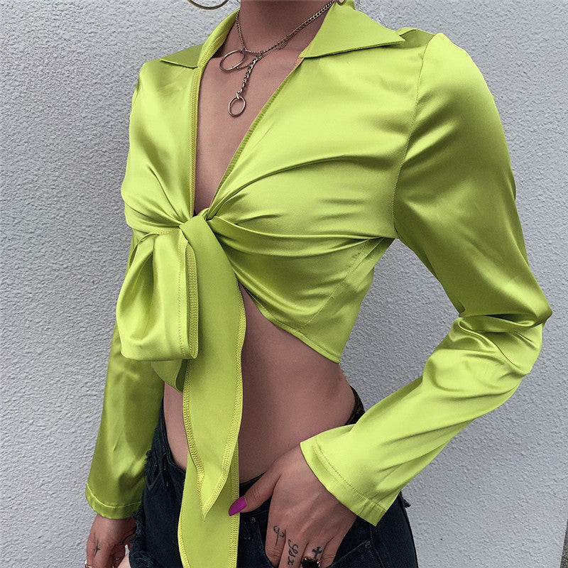 Shiny Silk Deep V Tie Chiffon Top