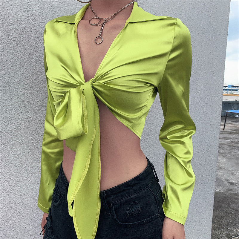 Shiny Silk Deep V Tie Chiffon Top