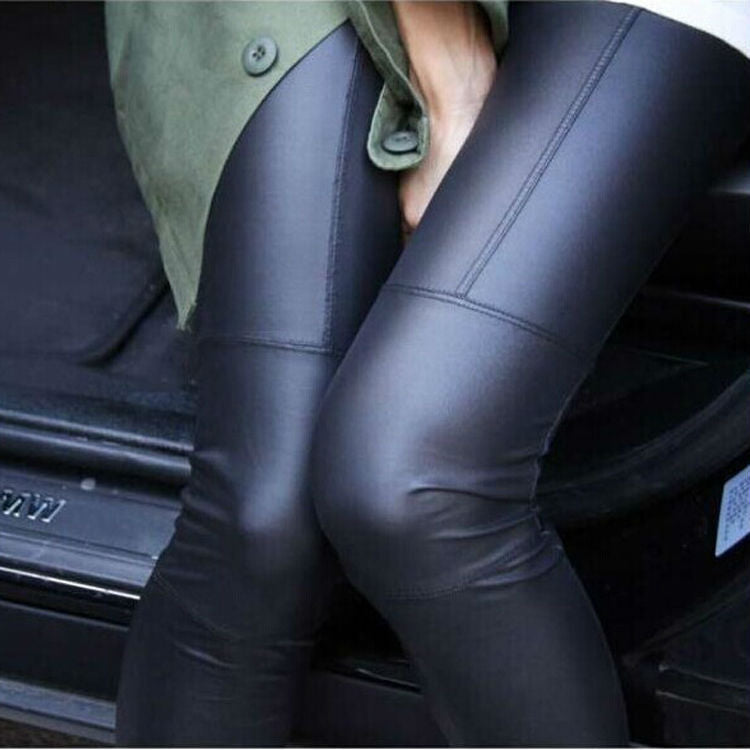 Women'S Pants Nine Points Pencil Pants Stitching Leather Pants Faux Leather Leggings