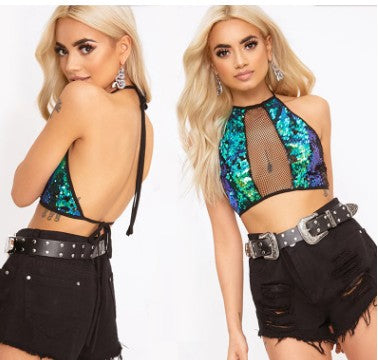 Green Sequin Sexy Crop Top