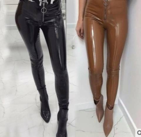 Spring And Summer New High Waist European And American Solid Color Pu Bright Pants Tight Zipper Fashion Temperament Skinny Pants Female Leather Pants