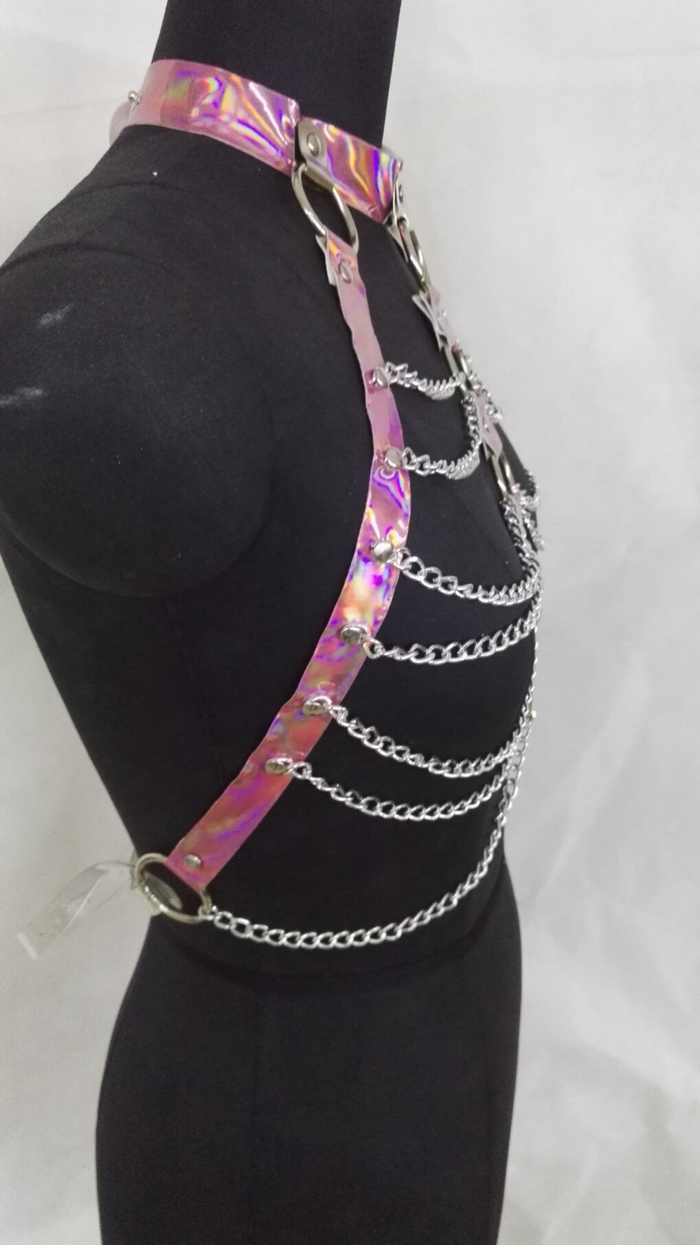 Women Halter Color Body Harness Bondage Party Chain Belt Festival Rave Costume Clubwear Holographic Belt Pastel Goth Top