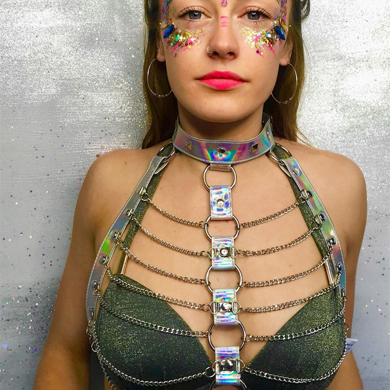 Women Halter Color Body Harness Bondage Party Chain Belt Festival Rave Costume Clubwear Holographic Belt Pastel Goth Top