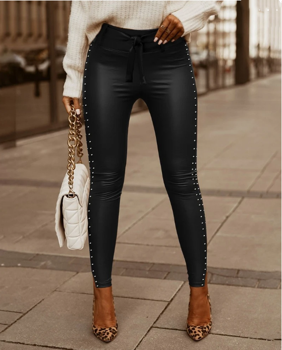 Ladies Waist Strap Tight Leather Pants