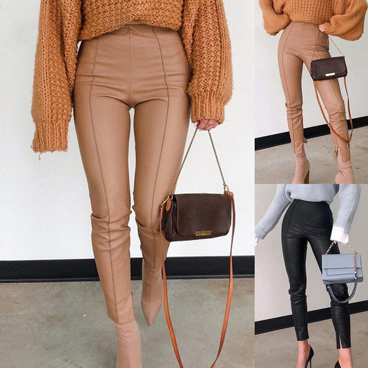 FSDA 2021 Fashion PU Leather Pants Khaki Women Casual Zip