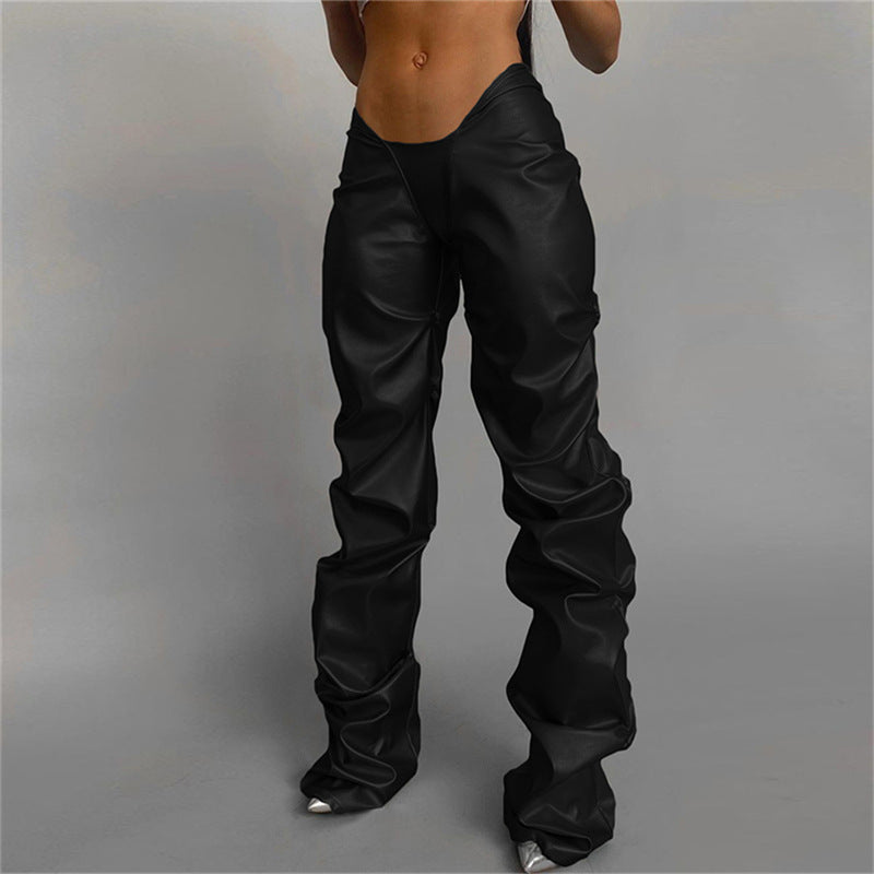 Faux Leather Sexy Low-rise Street Snap Straight Leg Casual Pants