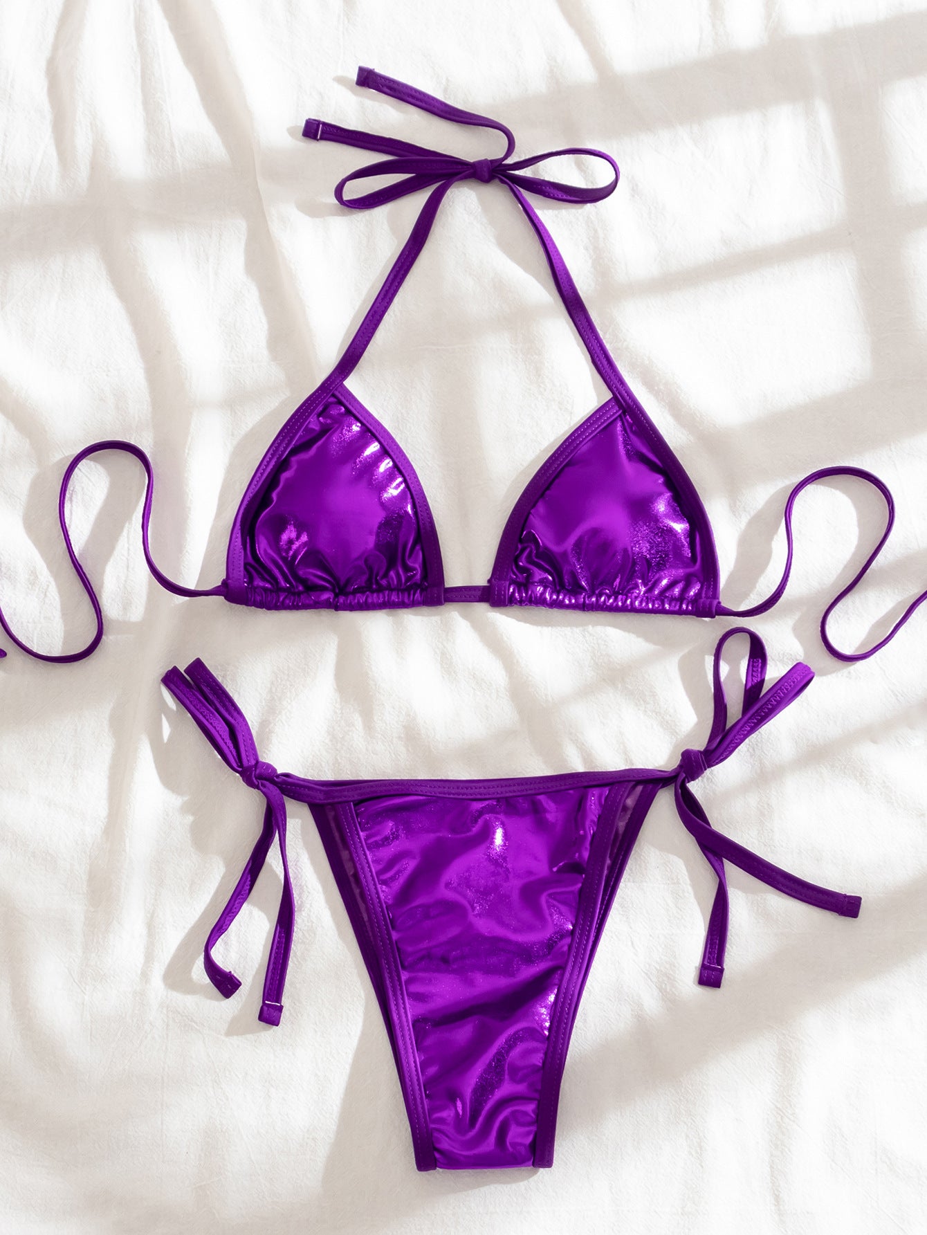 Bikini Swimsuit Purple Bright Leather Triangle Strap  Split Swimsuit